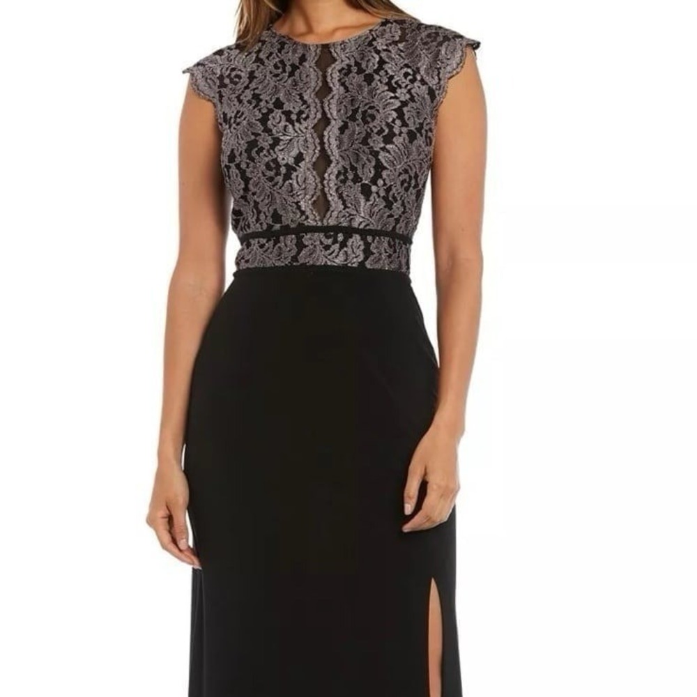 NEW Morgan & Co black & lace Formal evening Gown dress w/thigh slit